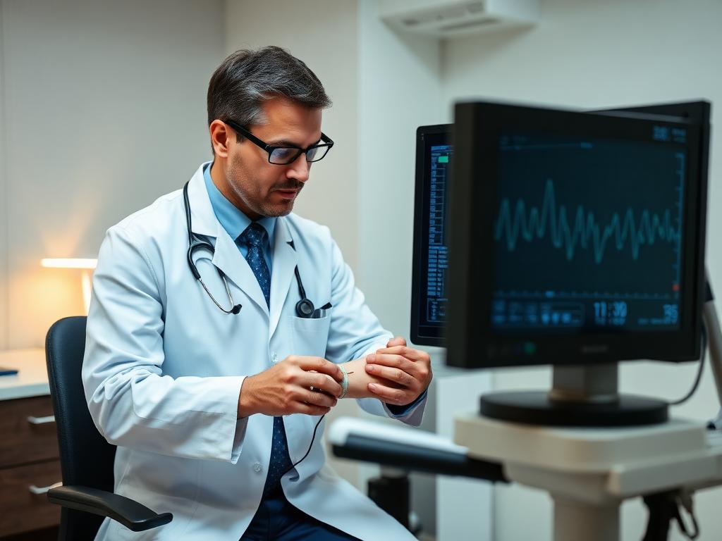 Especialista realizando estudio de electromiografía en el brazo de un paciente